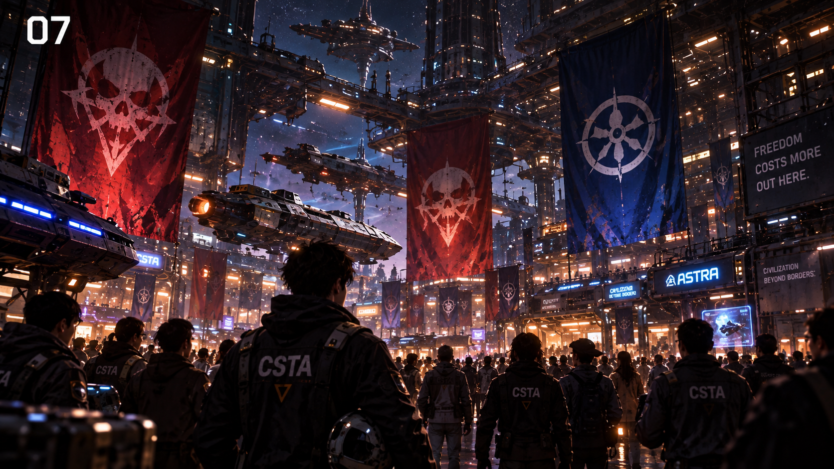 네온 우주항구를 향한 CSTA 군중
